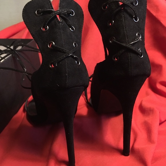 Sexy-n-Strappy Lace Up Black Suede Heels NASTY GAL 7.5 original box 5” Stiletto - Picture 2 of 3